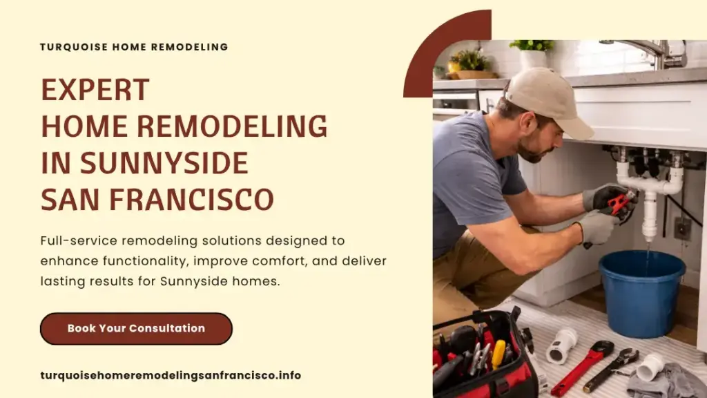 Worker repairing kitchen plumbing under the sink in Sunnyside San Francisco